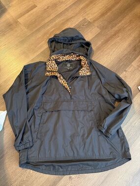 Lauren James Black Hooded Windbreaker with Leopard-Trim Collar